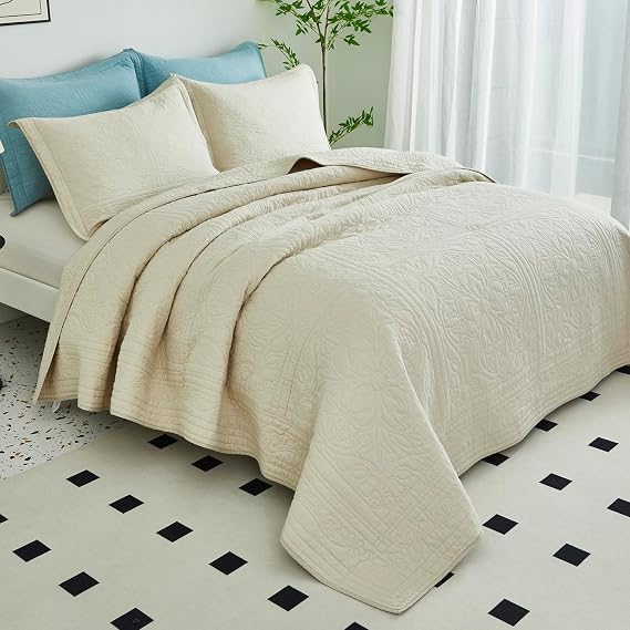 WINLIFE Beige 100% Cotton Quilt Set Queen Size (90''x98'')