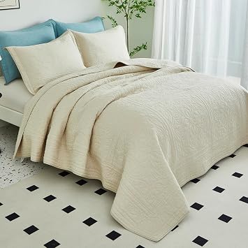 WINLIFE Beige 100% Cotton Quilt Set Queen Size (90''x98'')