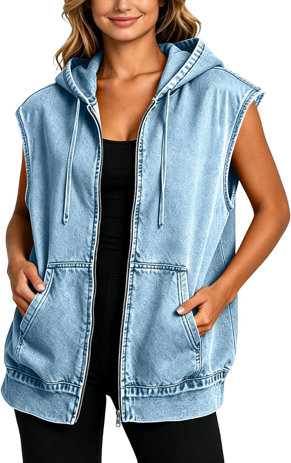 Women's Hooded Denim Vest Zip Up Sleeveless Jean Jacket with Pocket | Long Sleeveless Cardigans For Women Vest Fall Green Sweater Blazer Jacket Down Jackets Coat Vests Dress Shackets 2026