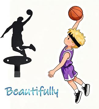 OQUQO 4 Piece Set Basketball Player Silhouette Wall Mounted Coat Hooks, Metal Medal Display Hanger for Teen Boys Room Decor, Sports Theme