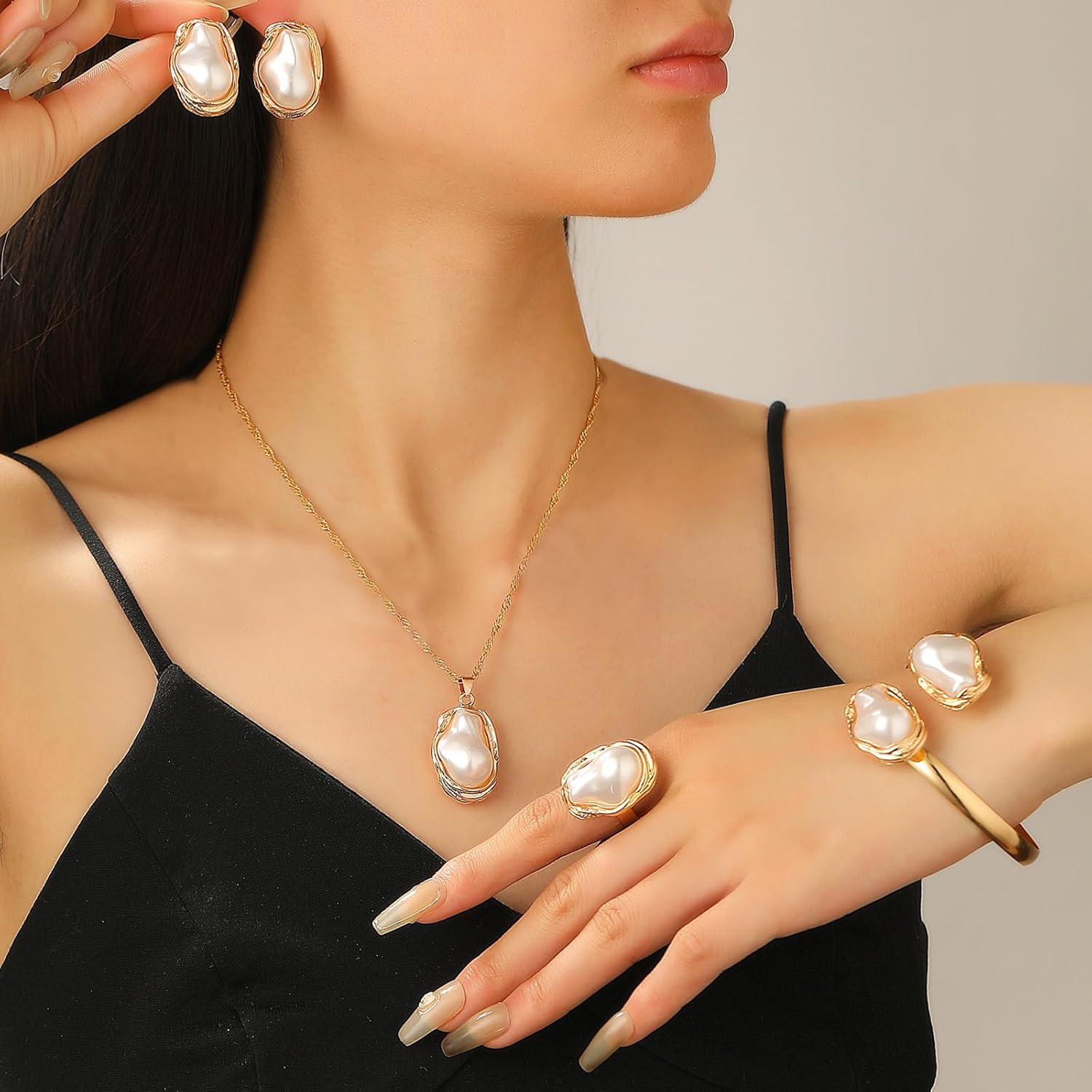 Baroque Pearl Necklace Earrings Bracelet Ring Jewelry Set for Women Irregular Pearl 4Pcs Jewelry Set Chunky Gold Pearls Cuff Bracelet Wedding Prom Jewelry Sets Gift - Image 2