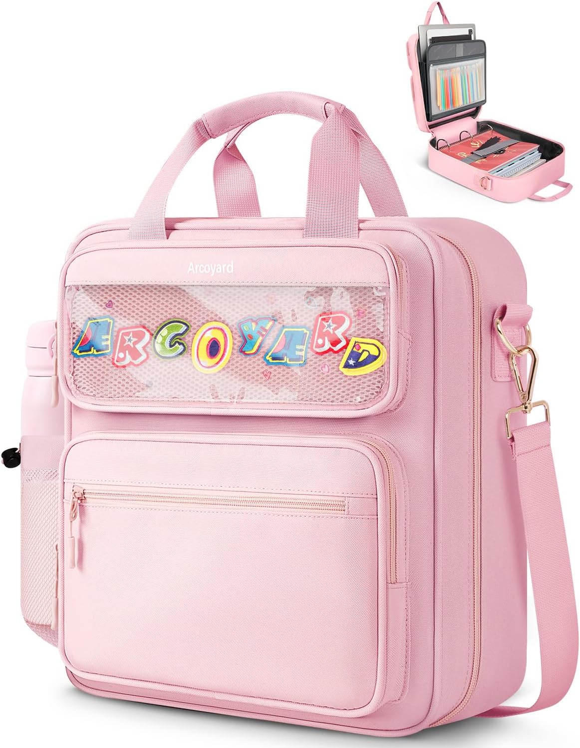 Zipper Binder 3 Ring with Ita Window, 3 Inch D-Ring Binder with Zipper and Strap Fits 14" Laptop, 600+ Sheets Capacity 3-in-1 Shoulder/Backpack/Handle Binder Bag for School Office Commute, Pink
