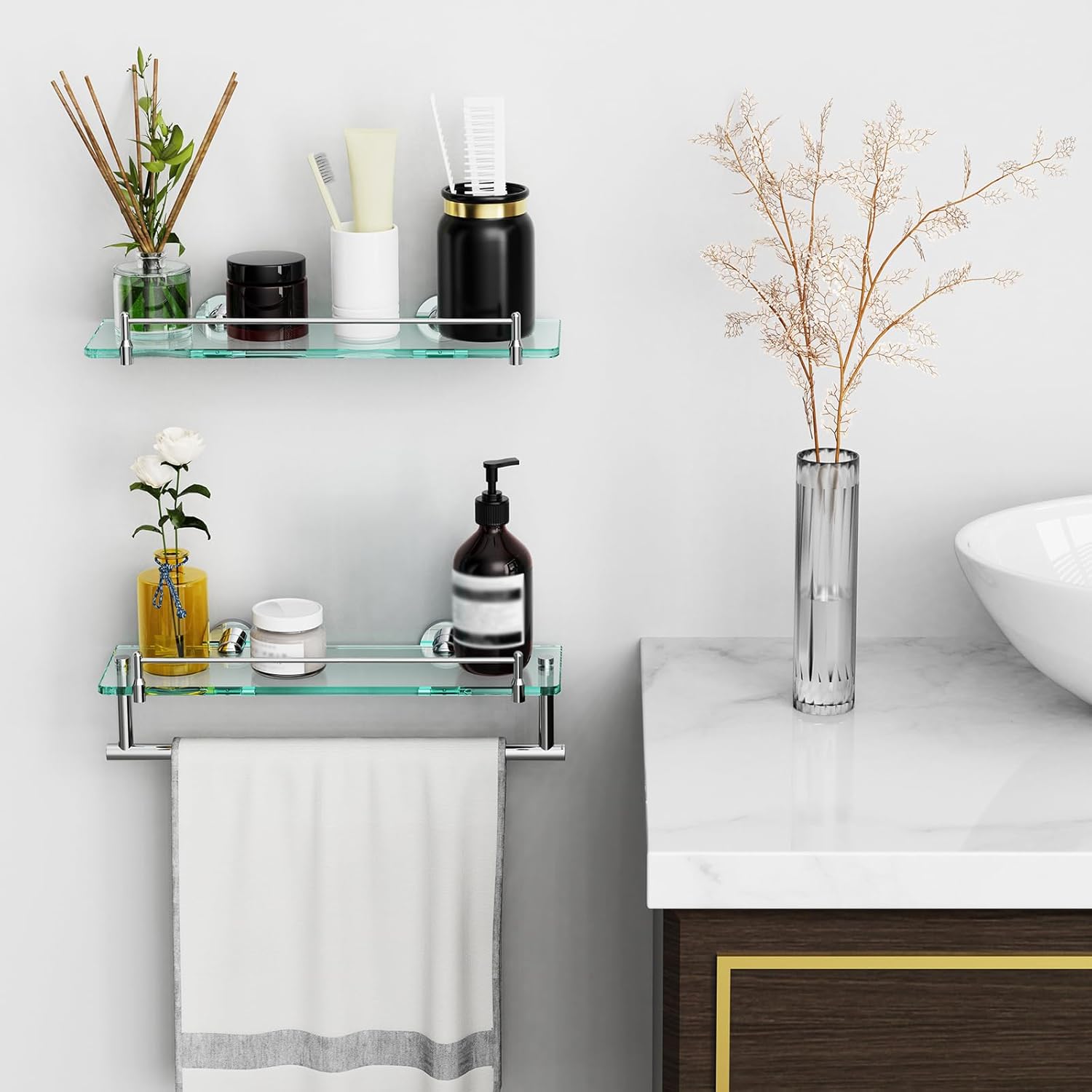 16-Inch Floating Tempered Glass Bathroom Shelf with Towel Bar - Chrome Polished & Stainless Steel, Wall Mount