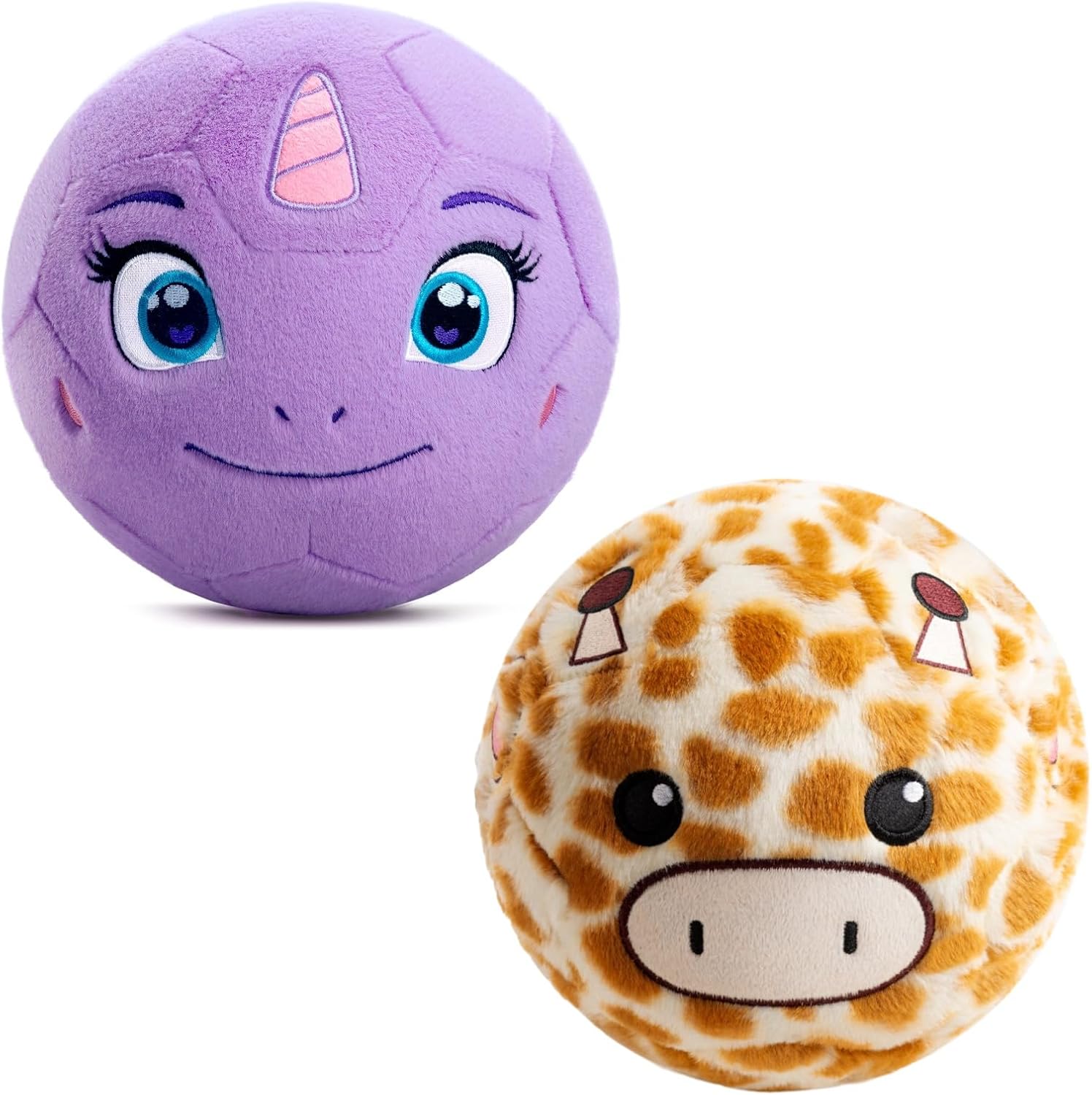 VangeBow Plush Soccer Ball Set: Purple Unicorn & Giraffe​