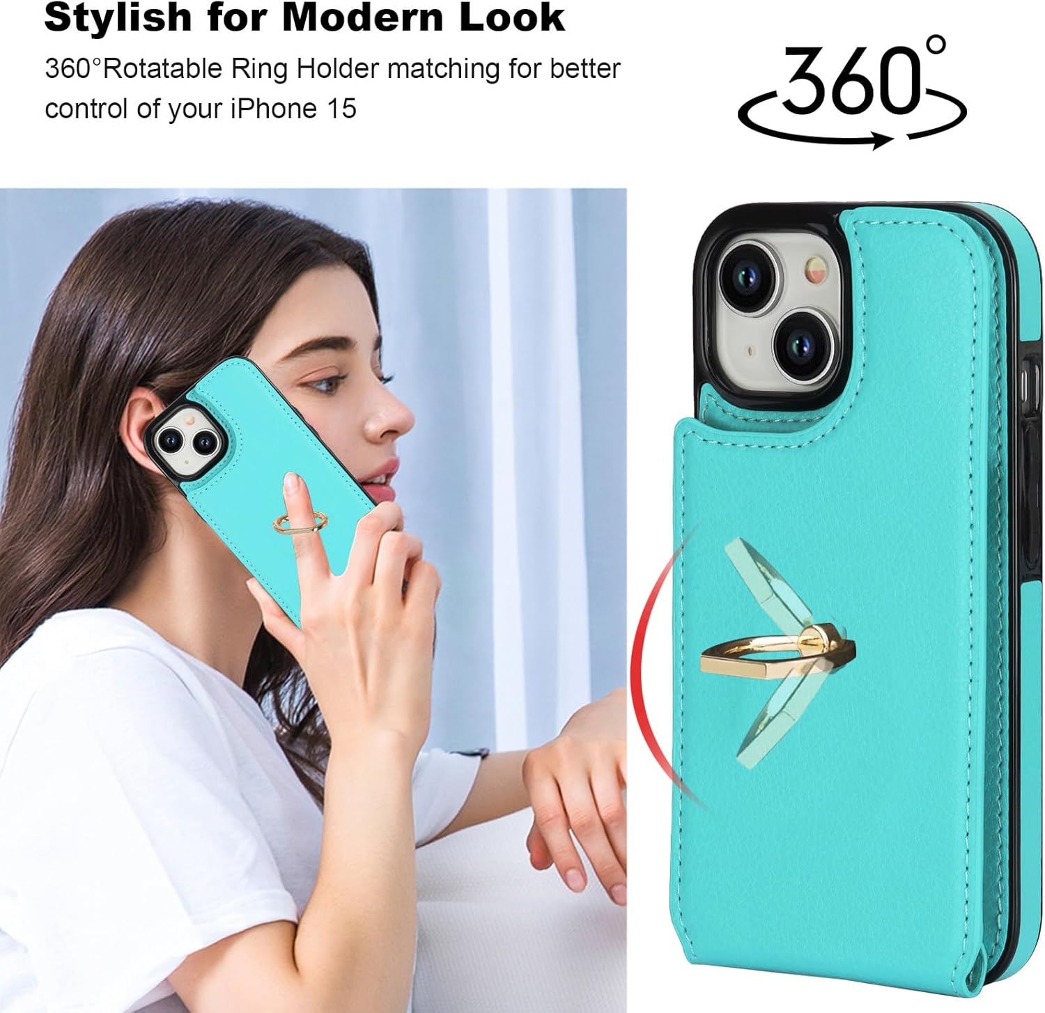 Folosu Compatible with iPhone 15 Case Wallet with Card Holder, 360°Rotation Finger Ring Holder Kickstand, RFID Blocking Leather Protective Double Buttons Shockproof Cover 6.1 Inch Green