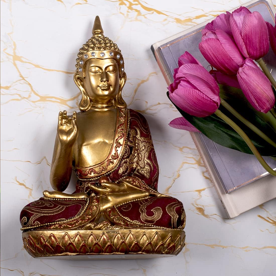 Archies Karana Mudra Polyresin Buddha Statue (17 cm x 6.5 cm x 22.5 cm, Red)