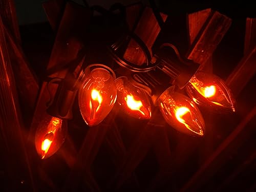 Miniatura 7 de Guirnalda de luces de Halloween naranja llama transparente de 25 pies C7 para Halloween naranja al aire libre con 25 bombillas de llama naranja