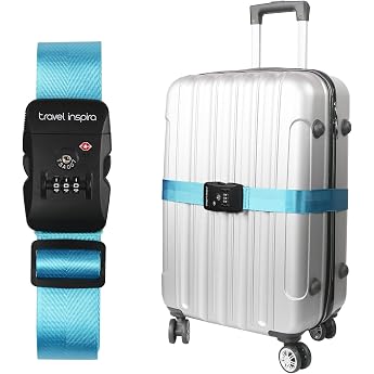 travel inspira TSA Suitcase Strap Eye-catching for 20 - 32 Inch Suitcase Strap with Lock 103-200 cm Adjustable Luggage Strap with Combination Lock Luggage Straps for Suitcase Light Blue