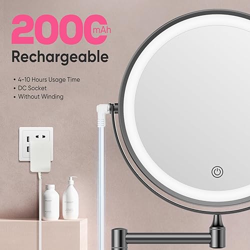 Miniatura 2 de FASCINATE Espejo de maquillaje iluminado montado en la pared 2024, espejo de baño recargable con cable DC y enchufe, aumento de doble cara 1X 10X, 3