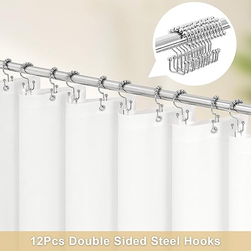 Miniatura 2 de MitoVilla Juego de cortinas de ducha 3 en 1, cortina de baño con textura de lino bohemio blanco y forro de PEVA transparente con 12 ganchos de acero