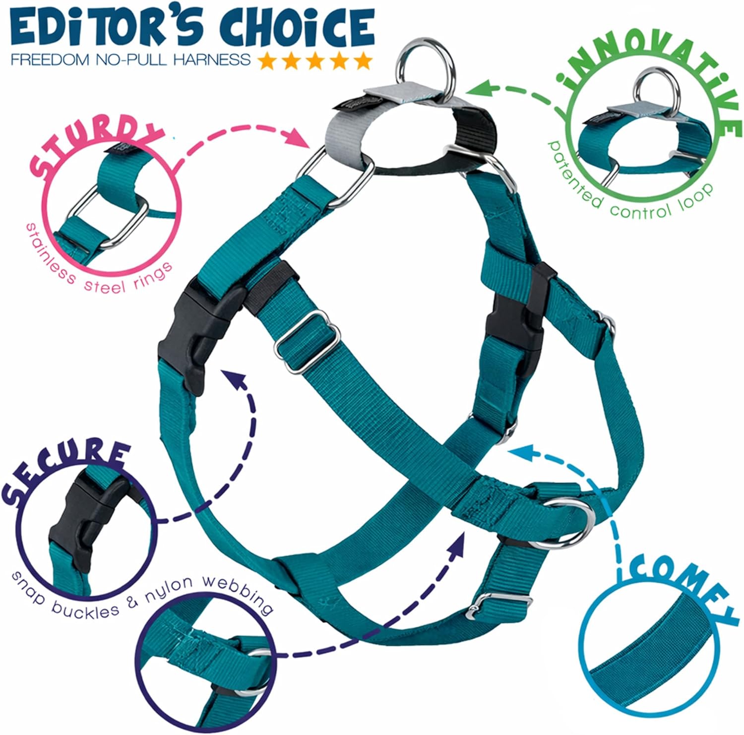 2 Hounds Design Freedom No Pull Dog Harness, Adjustable Harness, Easy Walking & Comfortable Control, Fits Small, Medium & Large Dogs, Solid Colors, Made in USA, 1" MD, Teal