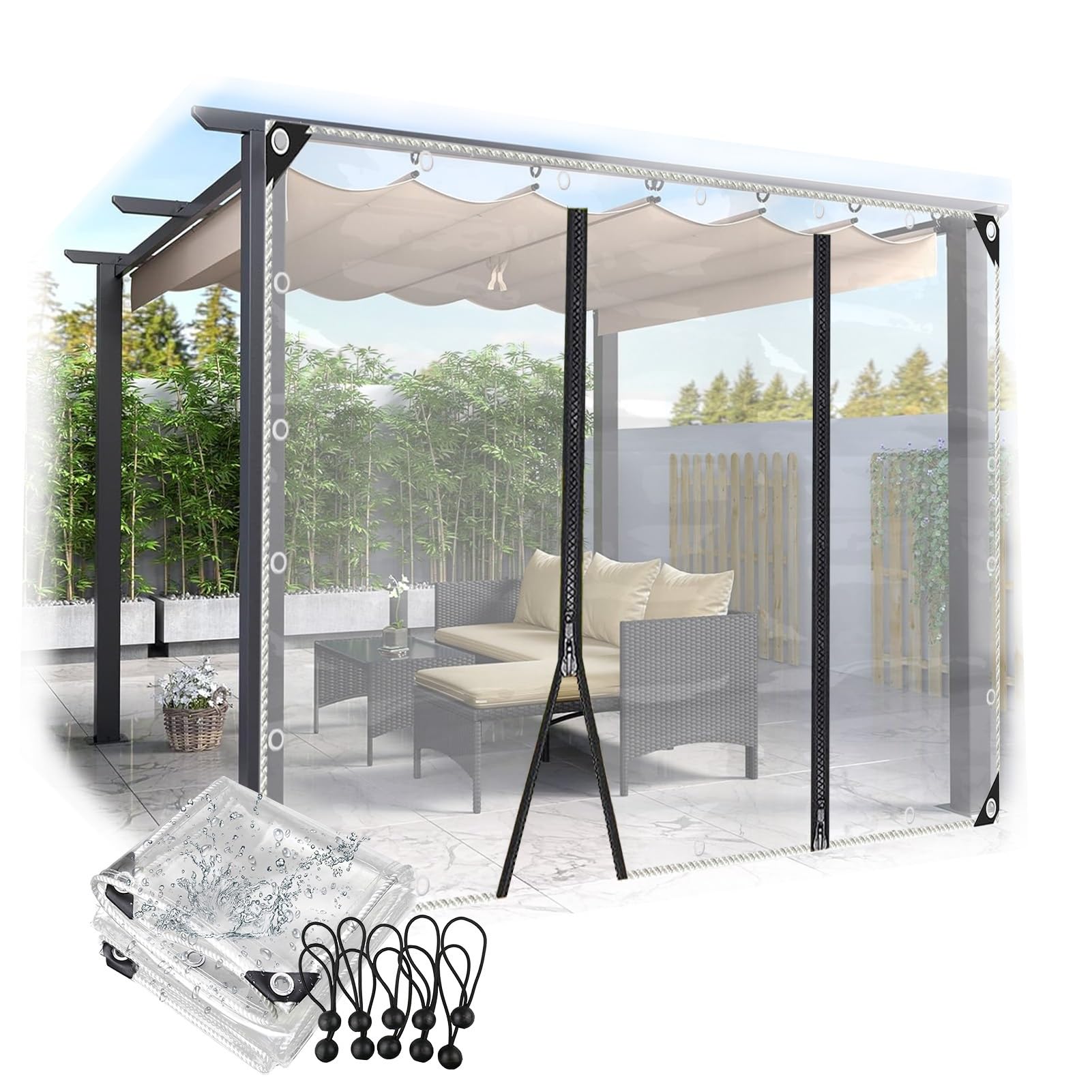 Tonuuoei Outdoor Clear Tarp Curtains with Zip, Transparent Tarpaulin Side Panels Heavy Duty Waterproof Cover, for Pergola Gazebo Patio(3.5x2.5m)