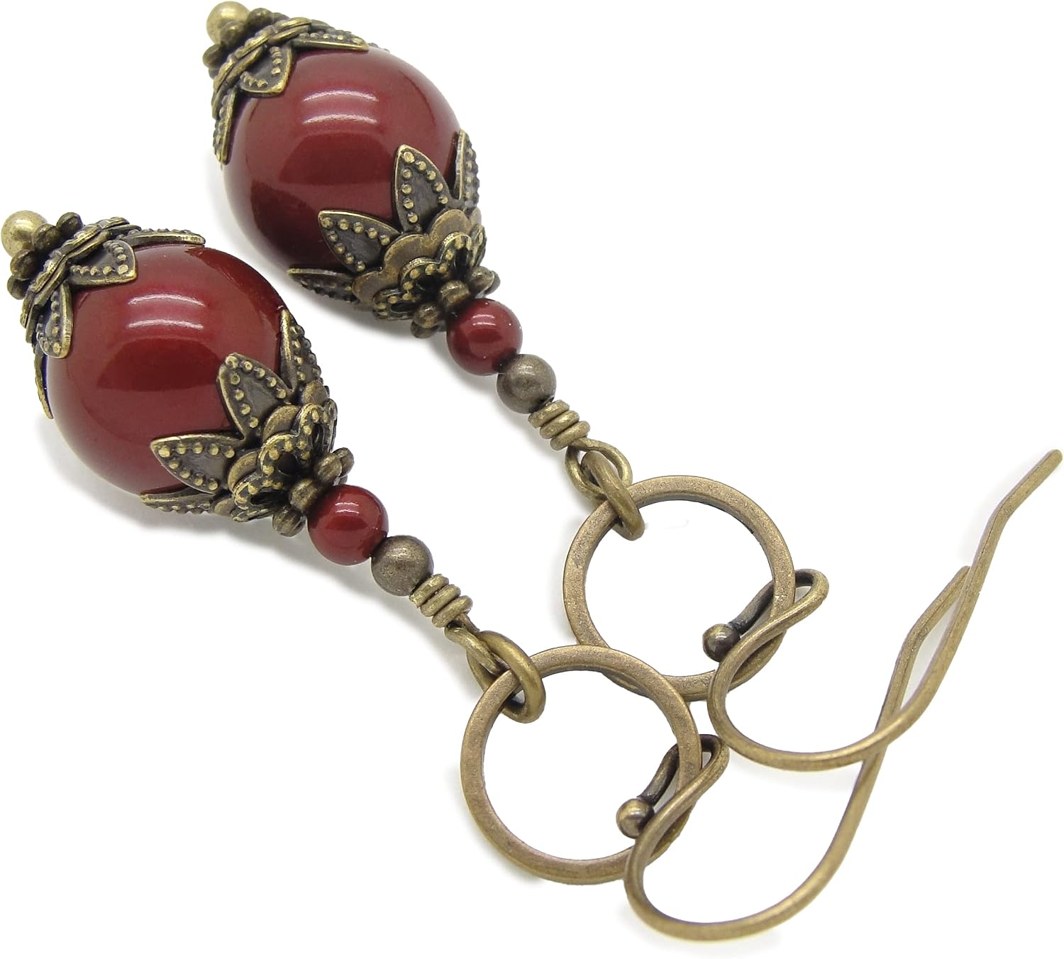 Victorian Red Simulated Pearl Earrings in Antiqued Brass