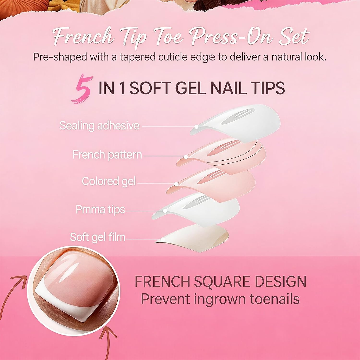 151 Pcs Toenail Press Ons, Pink Full Cover False Toenails With Tweezer, Press On Nails Pre Designed Artificial Toe Nail Tips, Multiple Sizes For Diy Manicure Pedicure Daily Wear