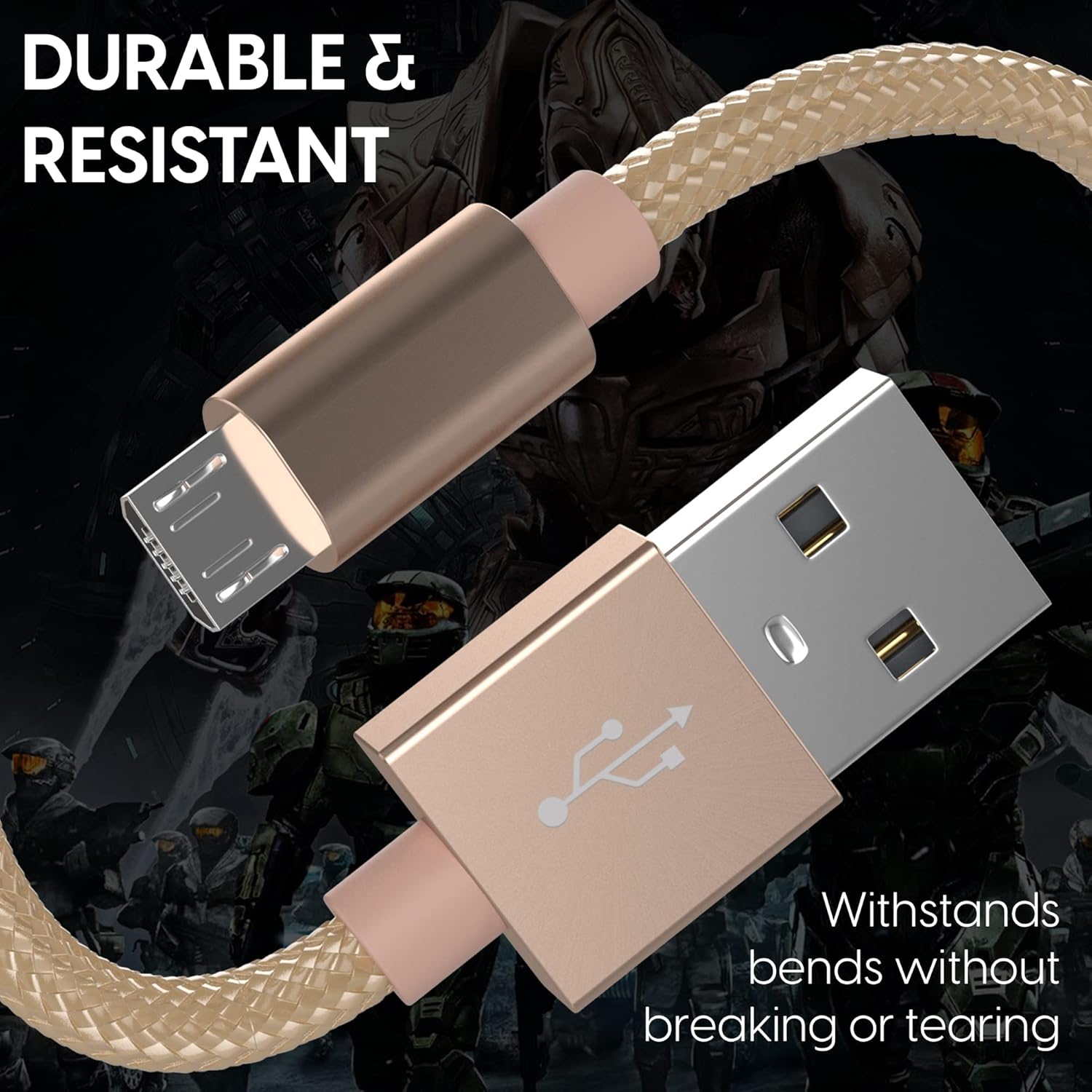 TALK WORKS Charger Cord Compatible with Xbox One Gaming Controllers - 6 ft Nylon Braided Micro USB Charging Cable, Heavy-Duty Fast Charge (Gold, Pack of 2) (14093)