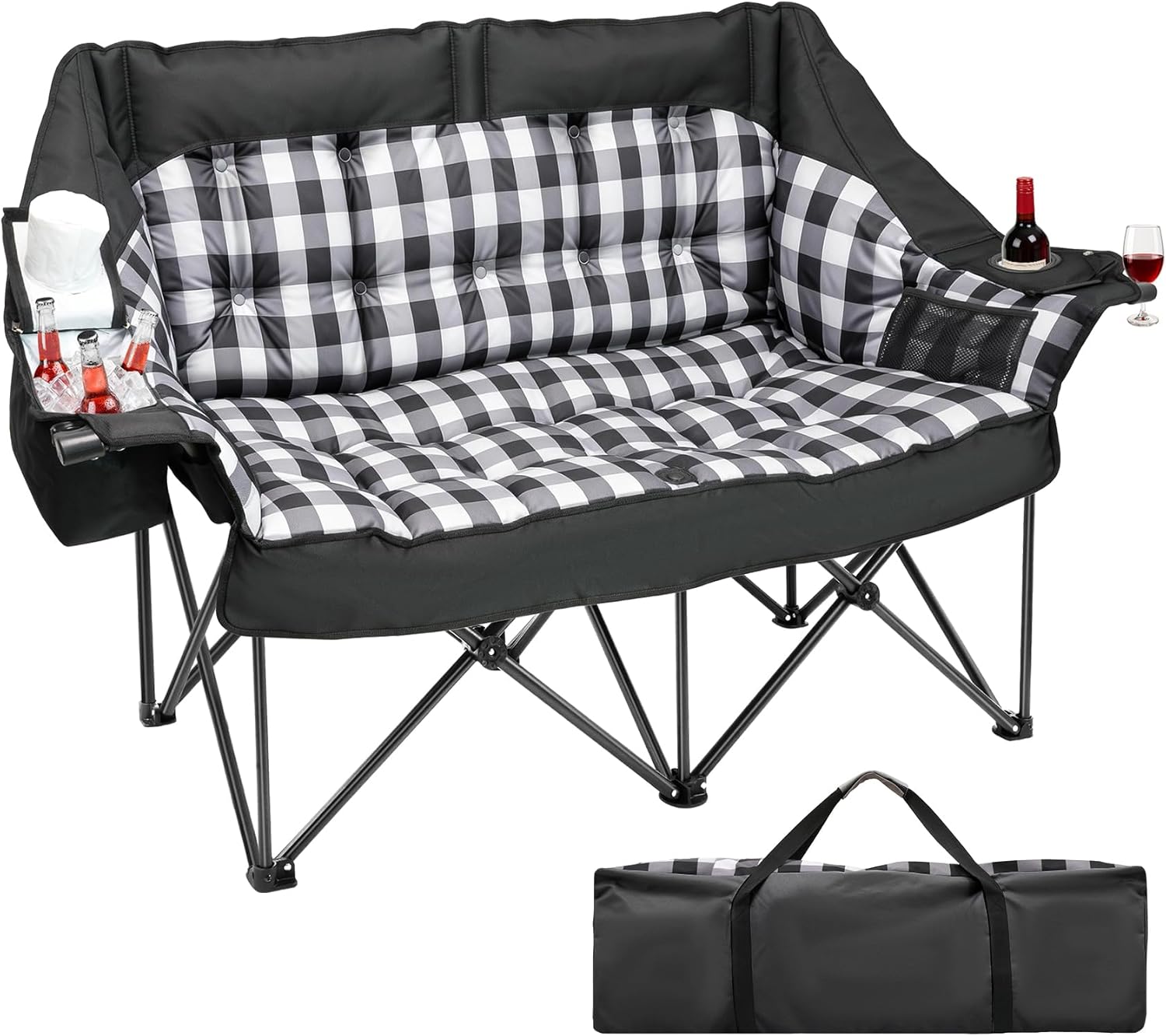 Suteck Double Camping Chair, Oversized Padded Camping Couch w/Independent Seats, 1200D Oxford Folding Camping Loveseat w/2 Cup & Wine Glass Holders, Cooler Bags & Side Pocket for Camping, Lawn, Patio