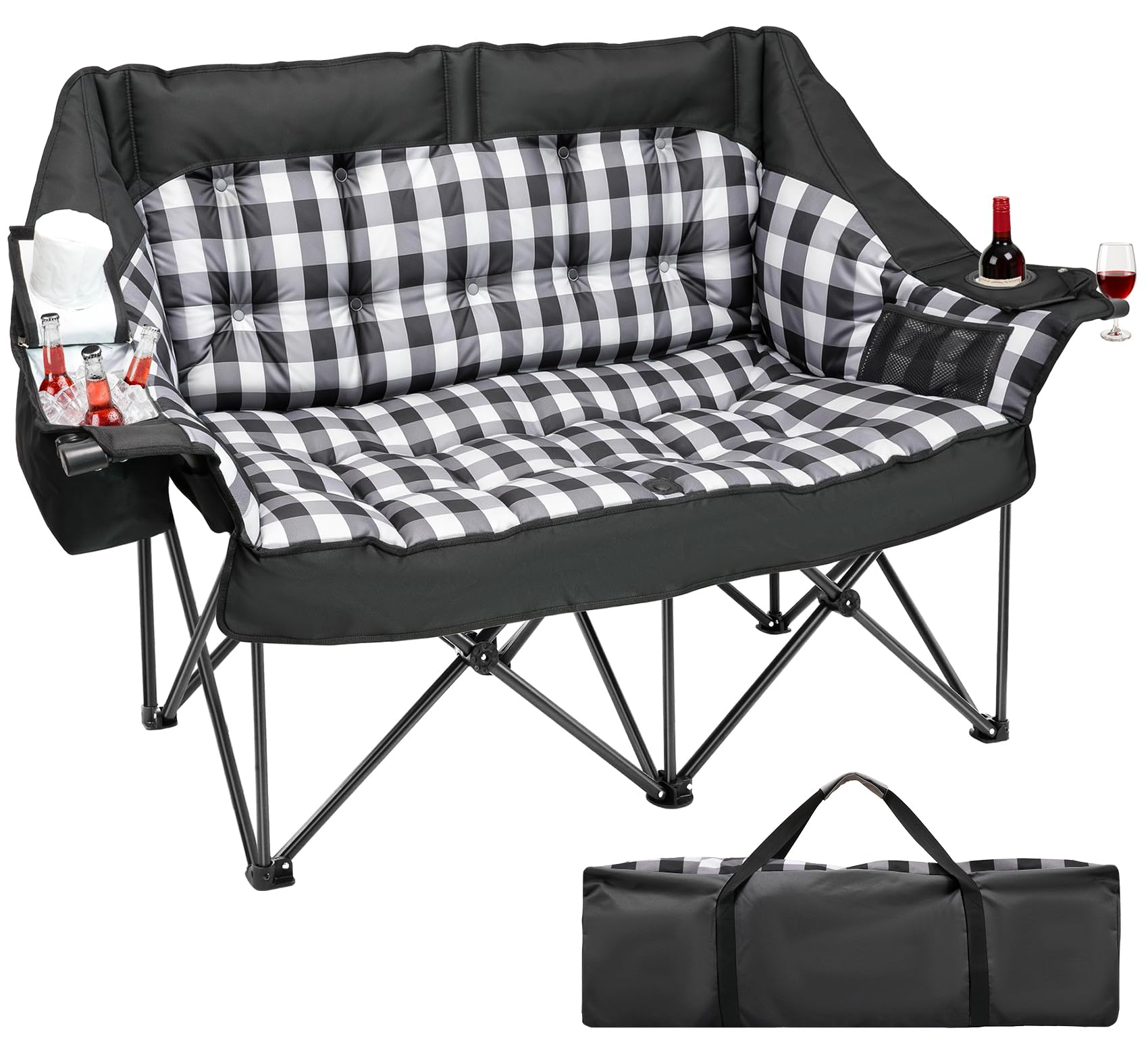 Suteck Double Camping Chair, Oversized Padded Camping Couch w/Independent Seats, 1200D Oxford Folding Camping Loveseat w/2 Cup & Wine Glass Holders, Cooler Bags & Side Pocket for Camping, Lawn, Patio Black