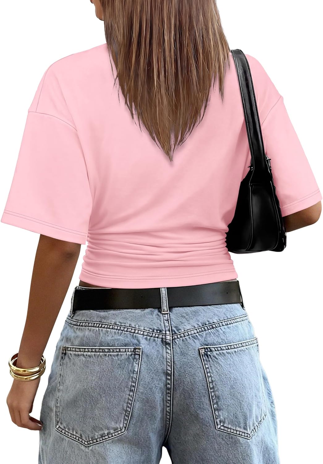 Sampeel Crop Summer Tops 2026 Trendy Batwing Short Sleeve Ruched Waist Slim Fitted Basic Tees Going Out T Shirts Fashion image 5