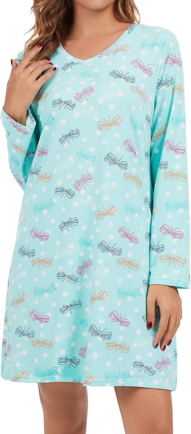 2 Pack Long Sleeve Nightgowns for Women Soft Cotton Night Gowns Sleepwear V Neck Nightshirts - Image 2