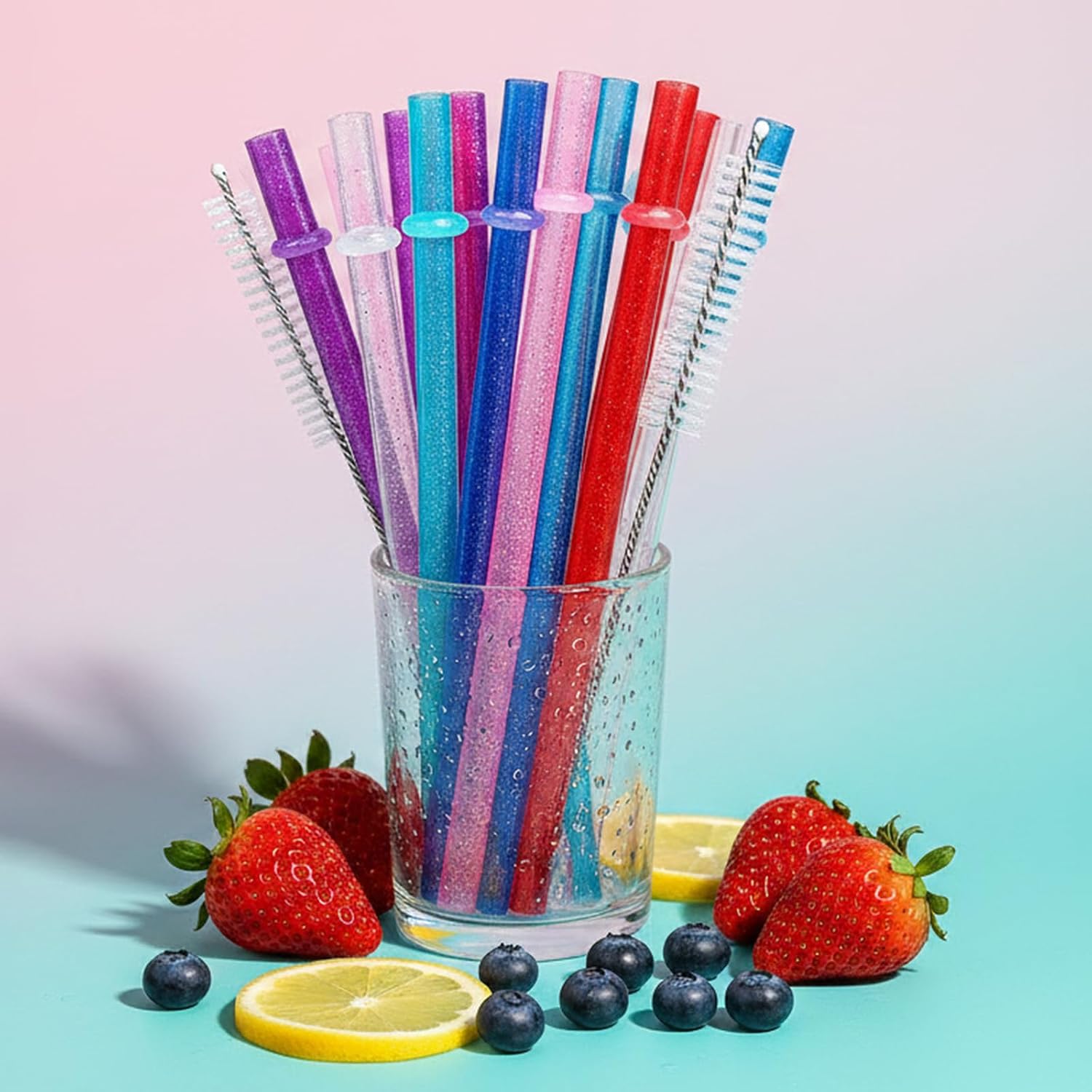 ST1 26PCS Reusable Glitter Plastic Straws Set with 2 Brushes