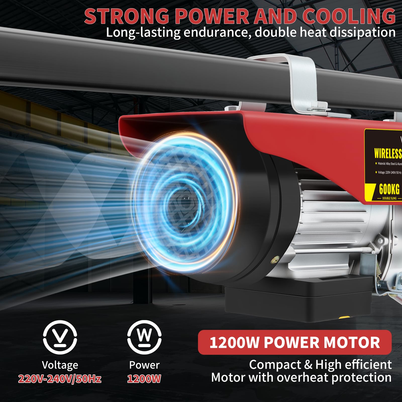 Paranco Elettrico 600 kg, 1200 W, Altezza Sollevamento 12 m, Velocità 10 m/min, Motore in Rame Puro, Paranco Argano Elettrico con Telecomando Cablato, per Garage e Uso Industriale
