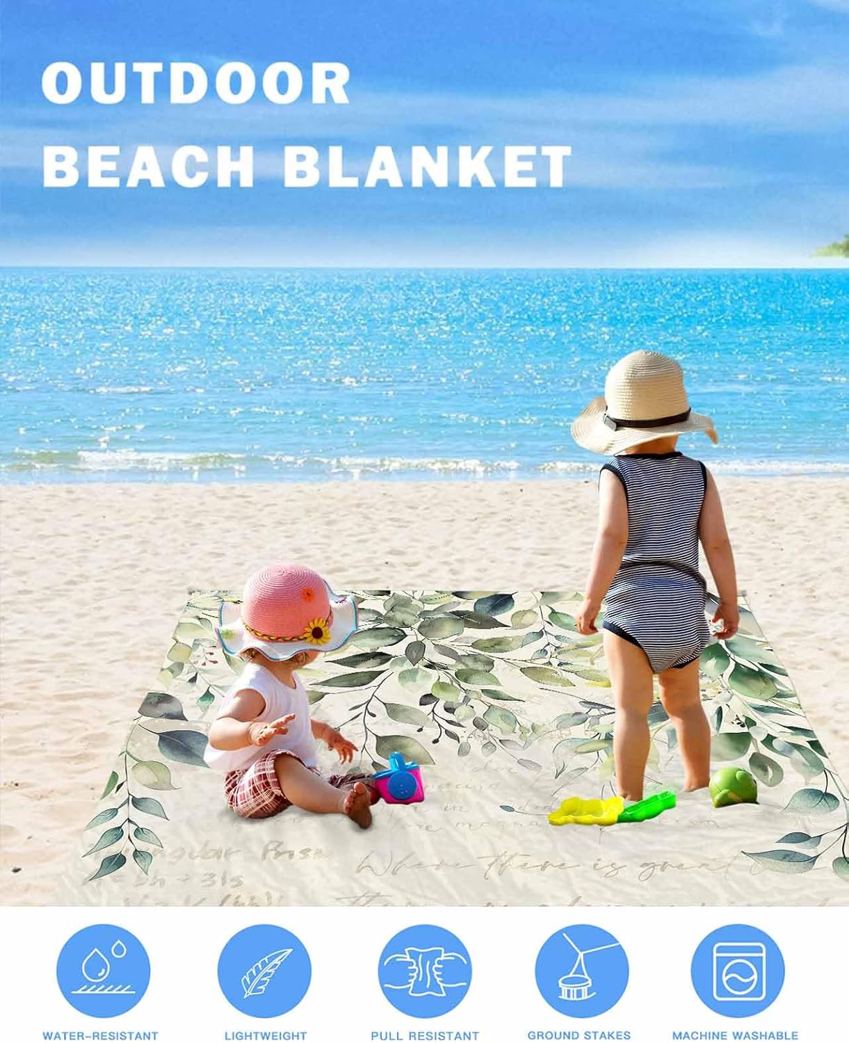 Watercolor Leaves on Retro Letter Beach Blanket Waterproof Sandproof Outdoor Picnic Mat 95"x80" Botanical Green Foliage Plant Lightweight Large Beach Blankets with 4 Stake & 4 Corner Pockets