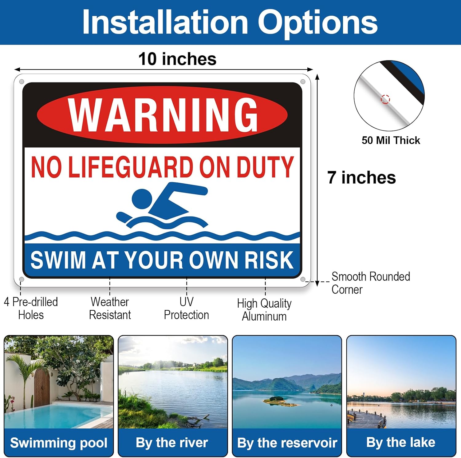 No Lifeguard On Duty Sign, (2 Pack) Swimming Pool Signs, Swim At Your Own Risk Pool Rule, 10x7 Inches Rust Free Reflective Waterproof Aluminum Metal Sign and Easy to Install - Image 5