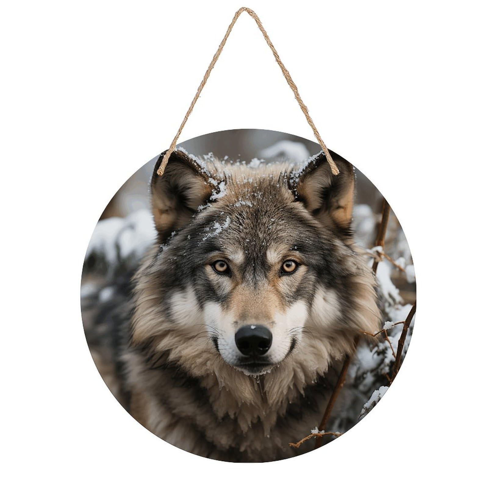 VstaDank Lmage of Wolf in The Snow Wall Decor Round Wood Hanging Sign 7.9x7.9 in Wooden Circle Door Hanger with Ropes, Rustic Wall Art Decor for Home Front Door Indoor Outdoor Decoration