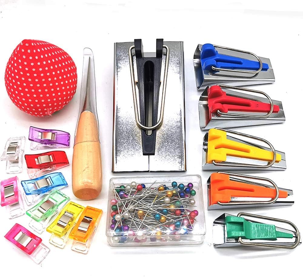 LNKA Fabric Bias Tape Maker Set of 19pcs Tools with Instruction,Bias Maker 1/4" 3/8" 1/2" 3/4" 1" 2" Quilting Pins Sewing Pincushion Clips Awl