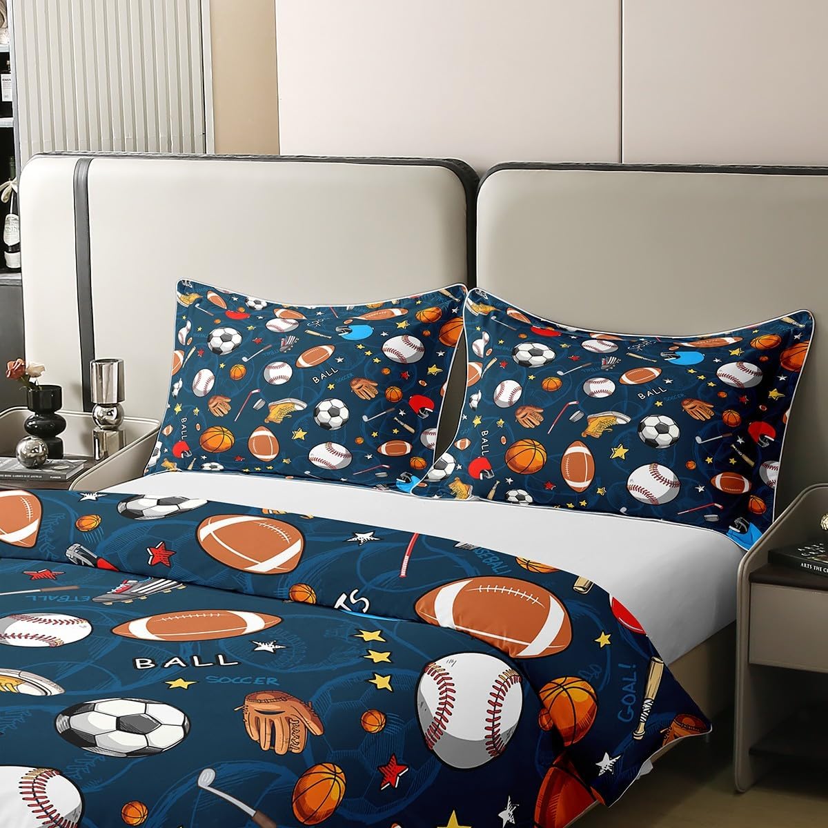 jejeloiu Sports Theme Duvet Cover 100% Cotton 3D Blue Ball Bedding 100% Cotton Set Baseball Football Basketball for Kids Microfiber Competitive Games Duvet Set Room Decor Quilt Cover Twin Size Zipper