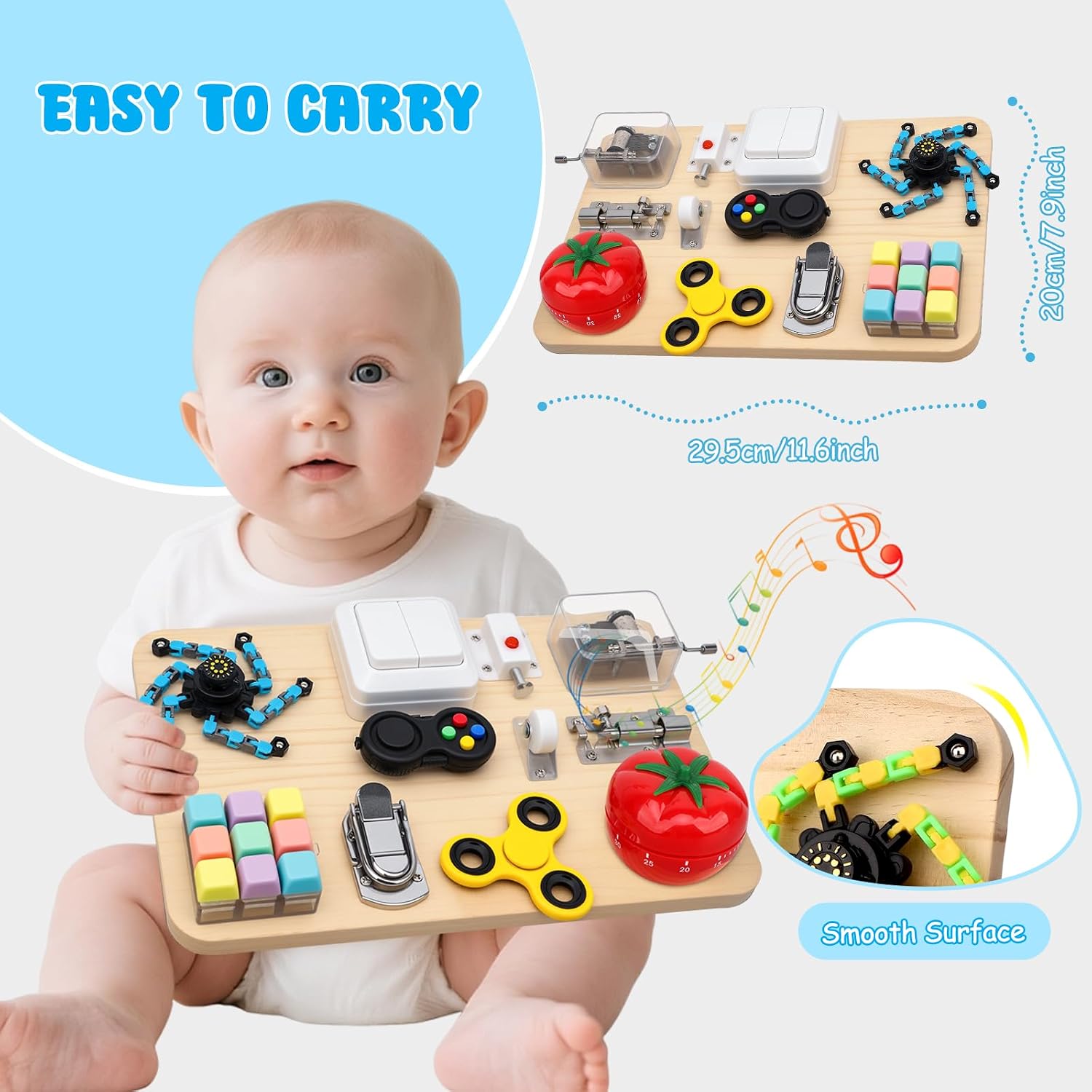 Wooden Busy Board Fidget Pad for Kids Adults, Musical Fidget Spinner for Stress Relief, 11 in 1 Sensory Fidget Toys for Travel, Preschool Learning Activities Fine Moto