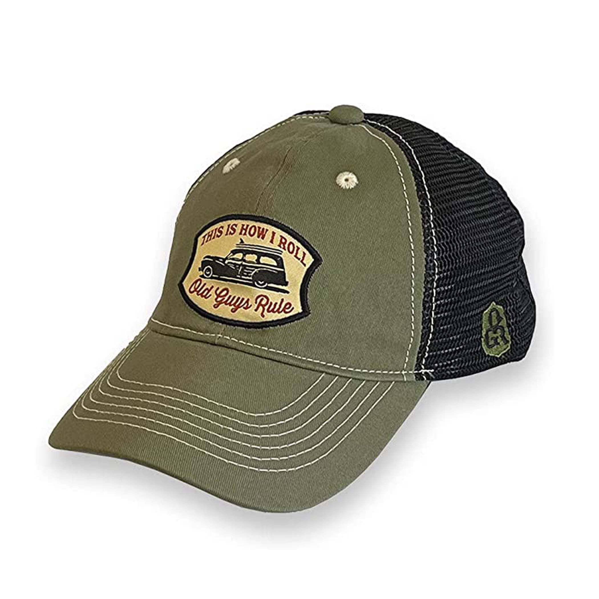 OLD GUYS RULE Men's Trucker Hat, How I Roll - Gift for Dad, Grandpa, Husband, Father's Day, Birthday, Holiday - Funny Novelty Hat for Surfers, Classic Car Lovers, Beach Vacation (Olive & Black)