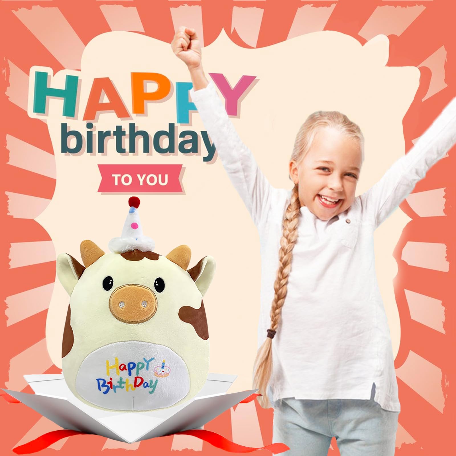POPOYU Einhorn Kuscheltier Einhorn Plüschtier,25CM Happy Birthday Katze Geburtstag Kuscheltiere Mädchen,Plüschkissen für Kinder,Geburtstag Stofftiere Plüsch-Puppe Stofftier Geschenk