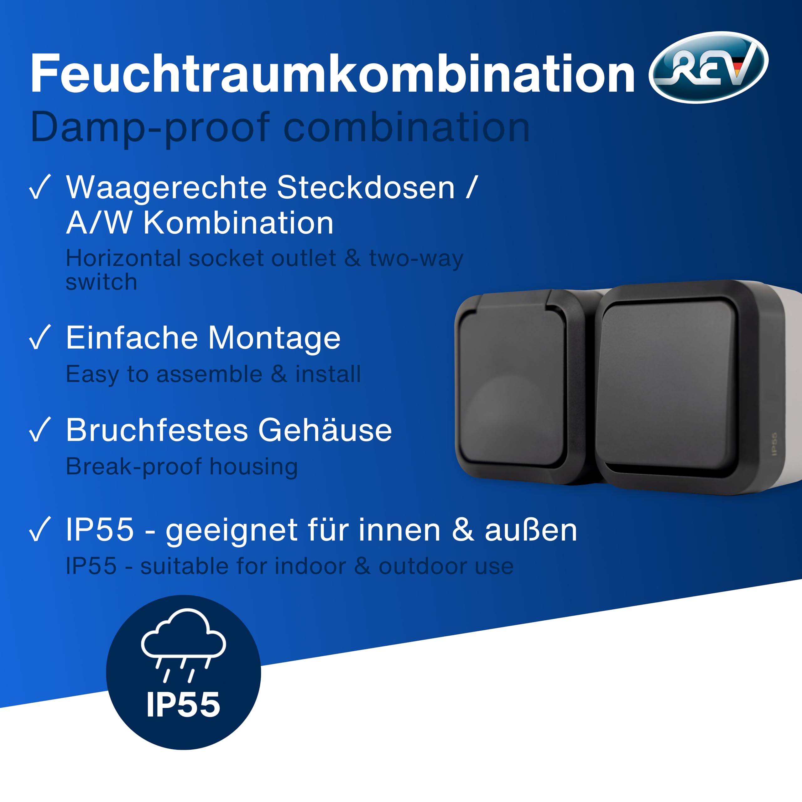 REV AquaStorm zestaw 5 x gniazdko elektryczne z włącznikiem światła – do wilgotnych pomieszczeń, natynkowe, IP55, poziome, 230 V, 16 A, antracytowe