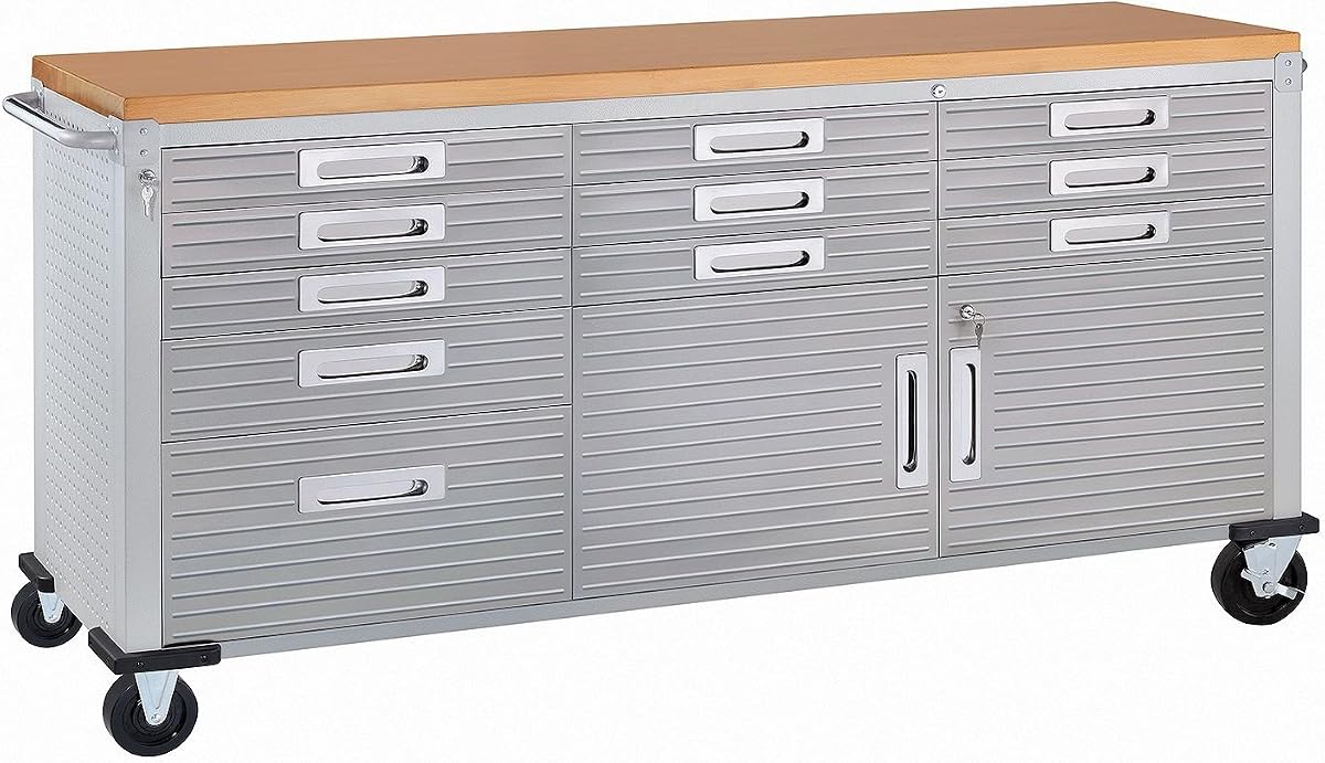 Seville Classics UltraHD Heavy Duty Rolling Cabinet Workbench Table w/Solid Wood Top, Workstation for Garage, Warehouse, Office, Workshop, 77" W x 20" D x 37.5" H, Granite, 11-Drawer