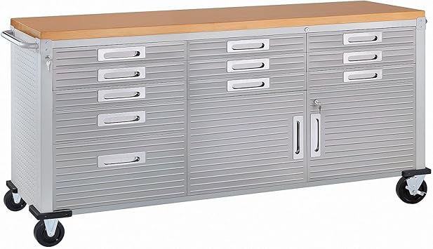 Seville Classics UltraHD Heavy Duty Rolling Cabinet Workbench Table w/Solid Wood Top, Workstation for Garage, Warehouse, Office, Workshop, 77 W x 20 D x 37.5 H, Granite, 11-Drawer