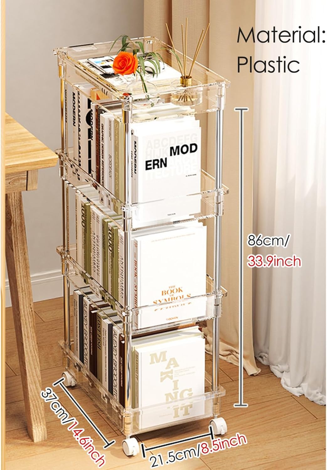 Book cartRolling Slim Bookshelf Cart with Wheels, Clear Plastic Classroom Deskside Bookshelf, Home Office Desk Storage Organizer, Narrow Space Vertical Magazine Rack, 4 Tier