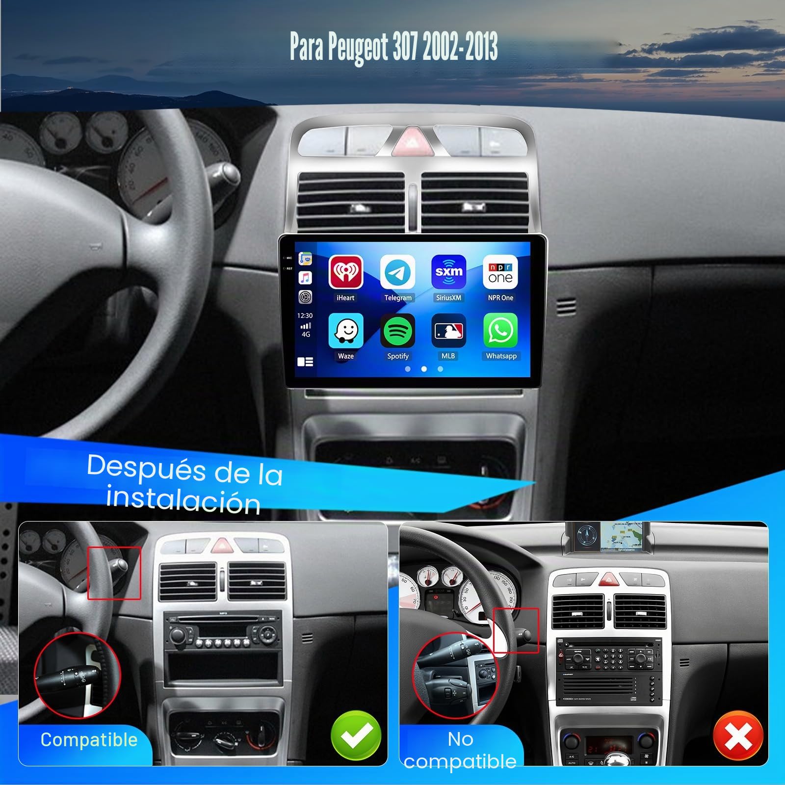 Hikiy 4+128G Android 15 Autoradio para Peugeot 307 2002-2013, 9" Incell Pantalla Radio con Wireless CarPlay, Android Auto, Bluetooth, Navi GPS, WiFi, DSP, Doble USB