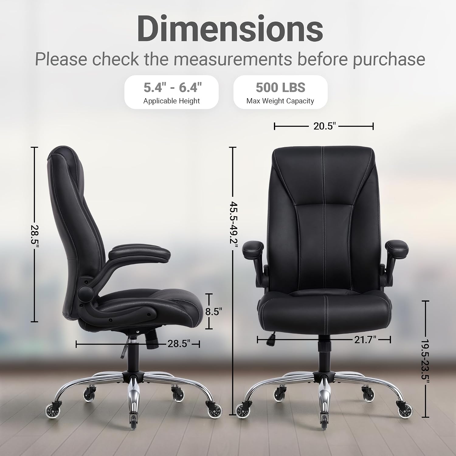 Detailed dimensions of the FAMSINGO Big and Tall Office Chair.