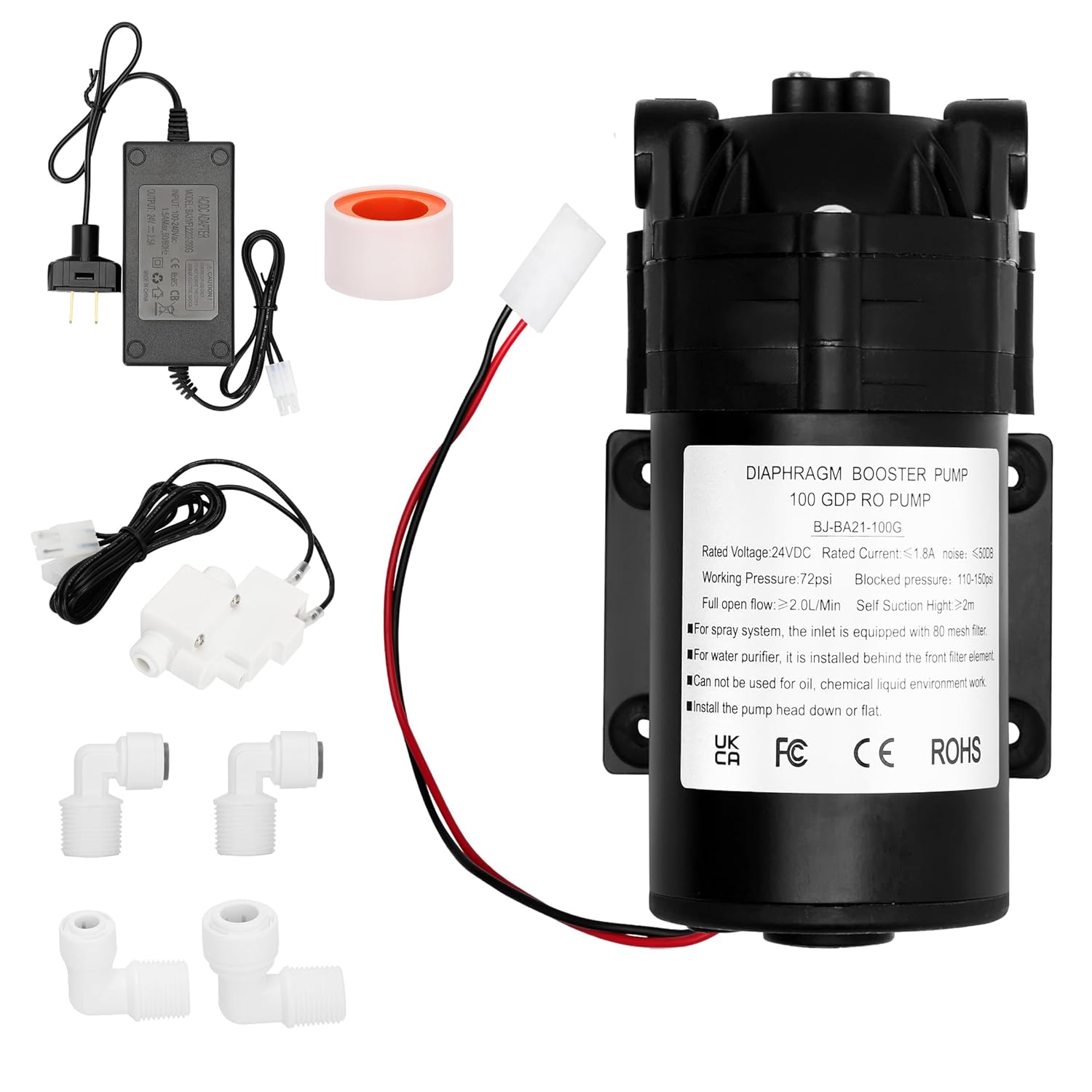6800 Booster Pump Kit, Suitable for Household Reverse Osmosis Water Filtration System Standards or Manifolds up to 100 GPD,Bring a High-Voltage Switch