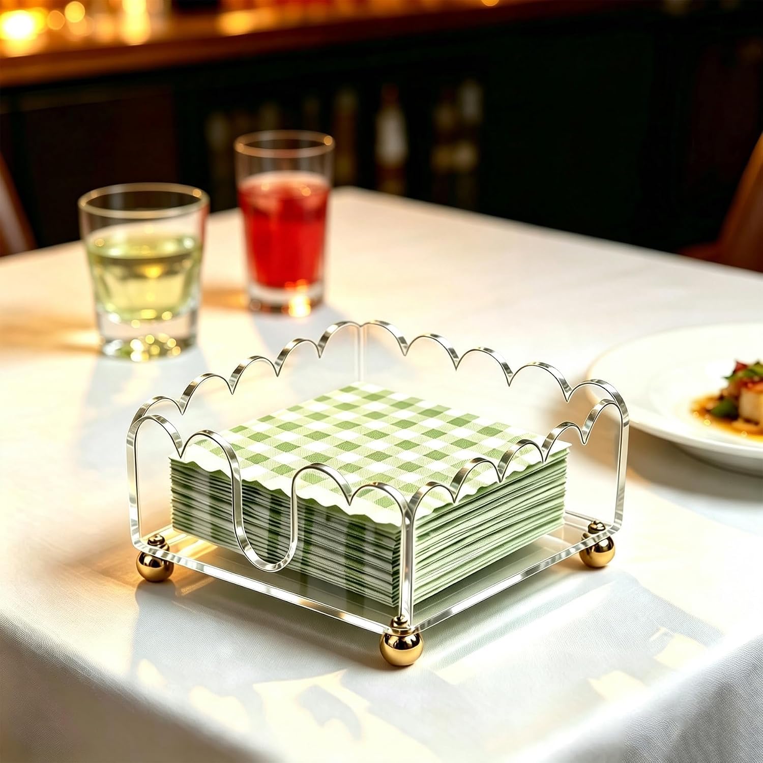 Acrylic Napkin Holder 6.9"x6.9" Luncheon Napkin Holder with Gold Feet, Clear Servilletero for Paper Napkin, Square Napkin Holder