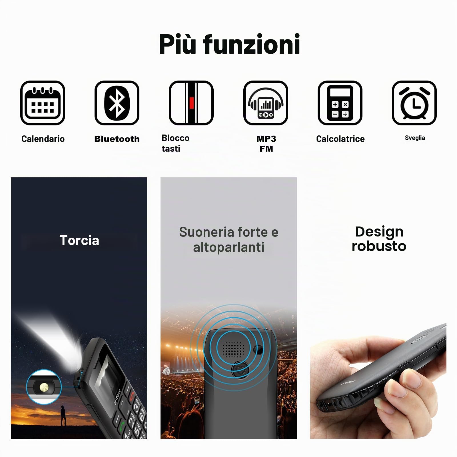artfone C1+ 4G Telefono Cellulare per anziani | Tasto SOS, base di ricarica, altoparlante, chiamata rapida, Bluetooth, USB-C | Telefono robusto con annuncio dell’ora | Menù italiano | Grandi tasti