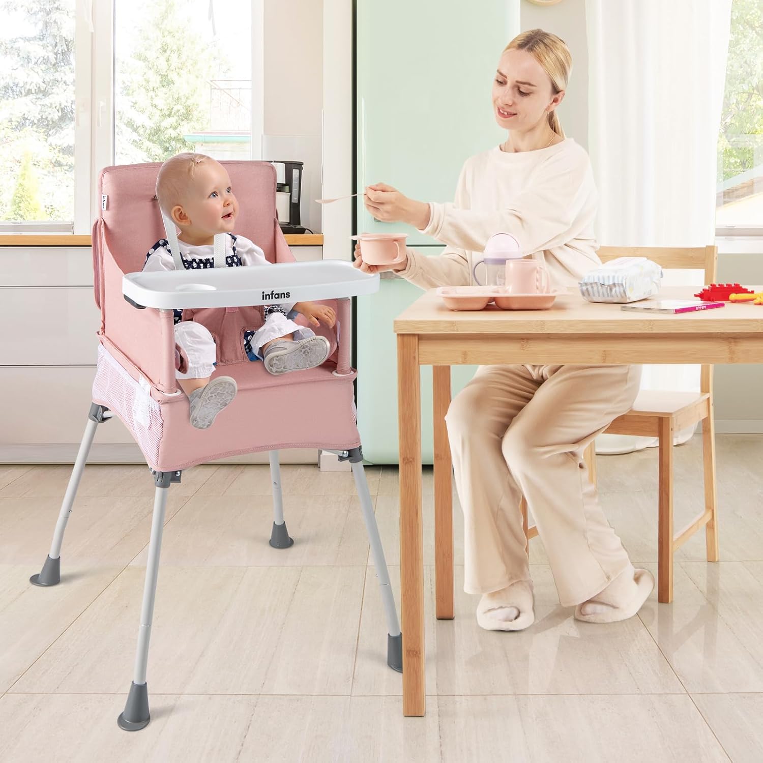 INFANS Baby High Chair, Foldable Portable Highchair for Babies and Toddlers with Travel Bag Adjustable Tray, 5 Point Harness, Compact Space Saver Infant Feeding Chair (Pink)
