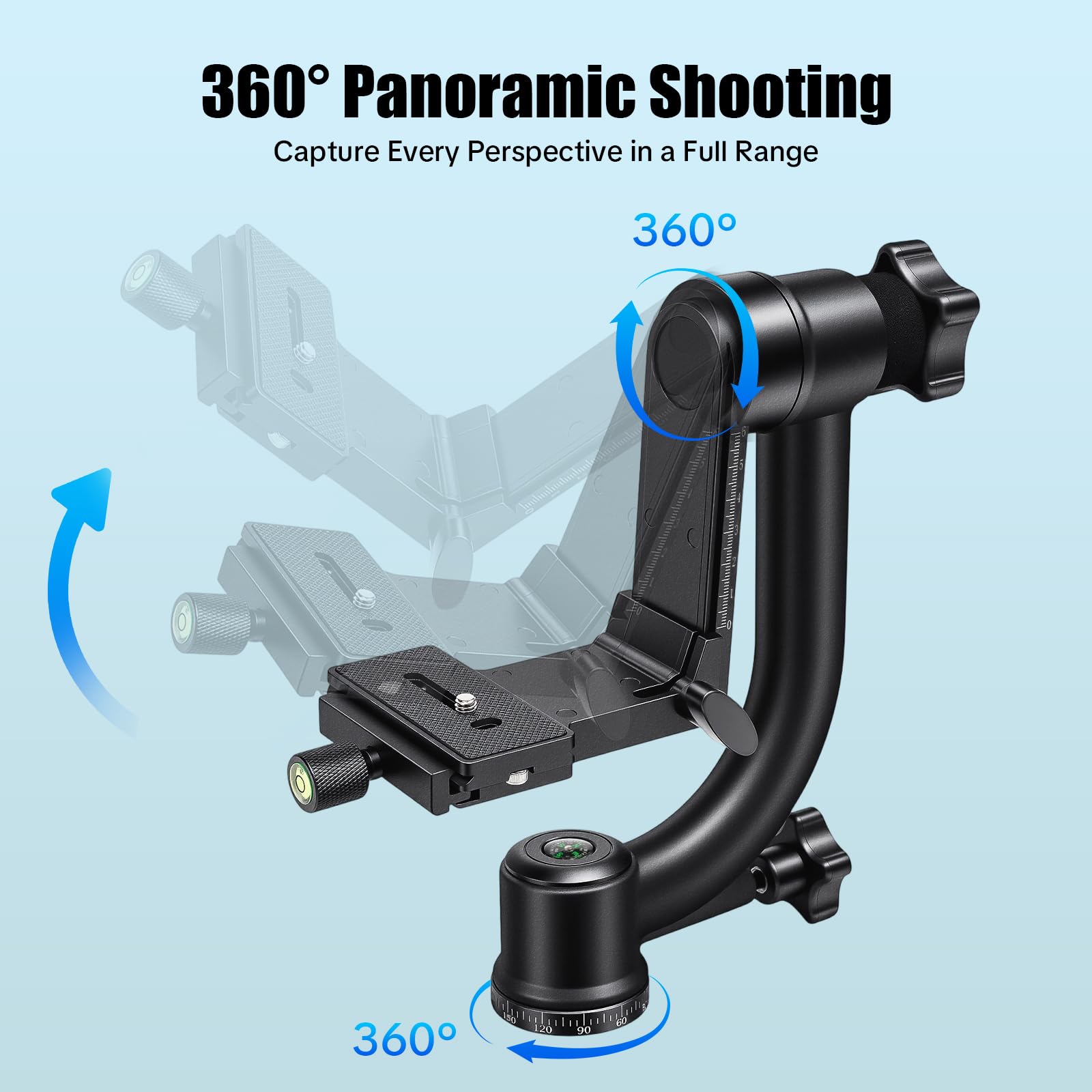 360 gradi Panorama Gimbal Testa Treppiede professionale 1/4" in alluminio e ABS con capacità di carico 20 kg e rotazione a 360°, testa panoramica a 360°, per fotocamere DSLR, sport fotografia di