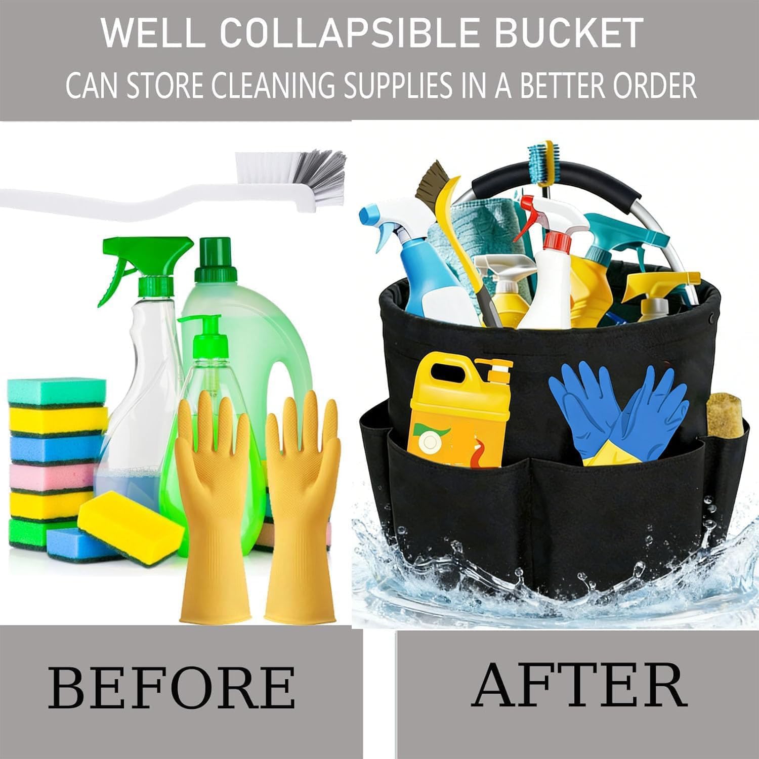 Cleaning Caddy with Handle,Cleaning Supplies 17L Foldable Storage Basket,Portable Multi Bucket Organiser Mop Bucket for Home Garden (Black)-11 x 11inches