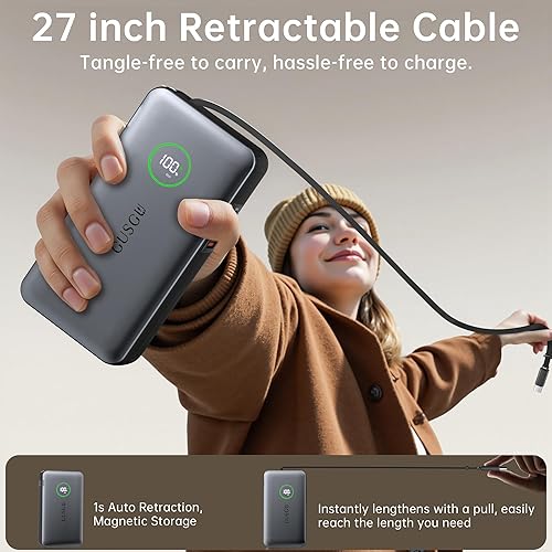 Miniatura 4 de GUSGU X3 Pro - Banco de energía de 20,000 mAh con enchufe plegable, cable USB-C retráctil y puertos tipo CUSB-A, cargador rápido PD Max de 65 W para