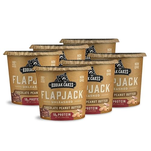 Kodiak Power Cakes Unleashed, Mantequilla de maní de chocolate para llevar (paquete de 6), 100% grano entero, (2.36 onzas cada uno)