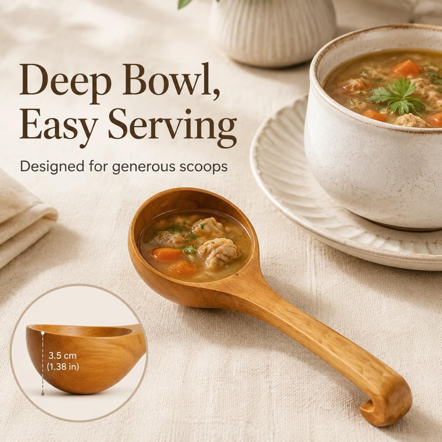 11"Wooden Soup Spoon - Deep Lacquered Wooden Ladle for Cooking, Sauce Serving and Kitchen Use with Hanging Hook & Heat-Resistant Handle (11x3.1 Inch)