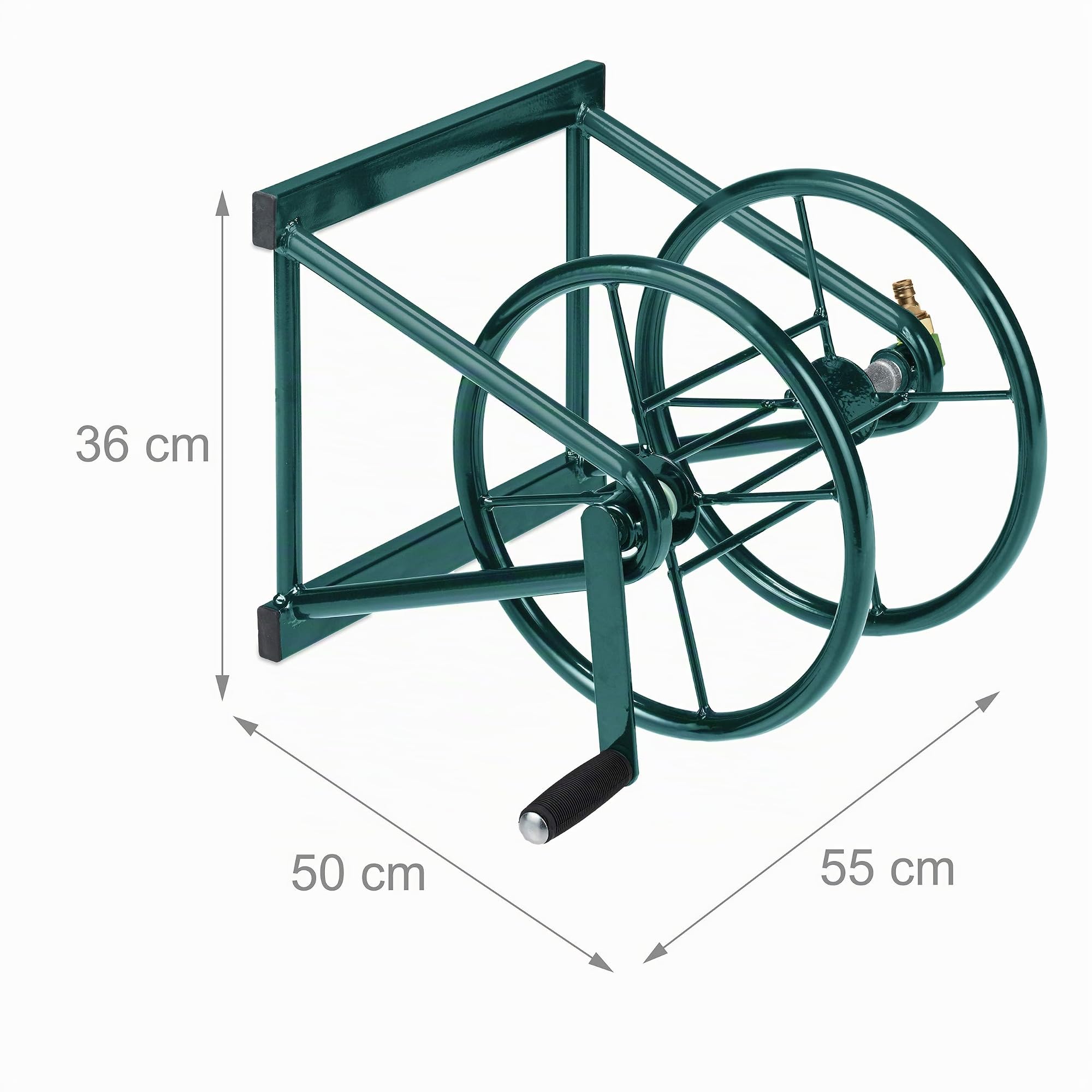 Relaxdays Dévidoir mural, enrouleur pour 60 m de tuyau d’arrosage, 2 raccords à clipser, support, acier, vert