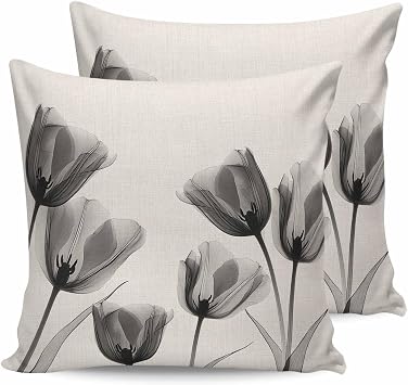 Outdoor Waterproof Pillow Covers Grey Tulip Floral on Retro Beige Decorative Throw Pillow Protectors, Romantic Floral Pillowcase Cushion Cases for Patio Sofa Garden Couch,18x18IN,Pack of 2